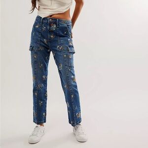 Driftwood Embroidered Cargo Straight Jeans floral boho free people sz 28